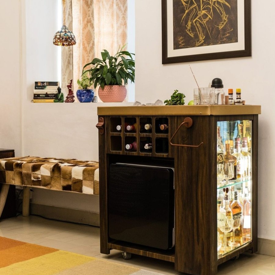 Bar Furniture Haus of Bars | Model X Home Bar, Wooden Vinyl & Matt Gold Finish