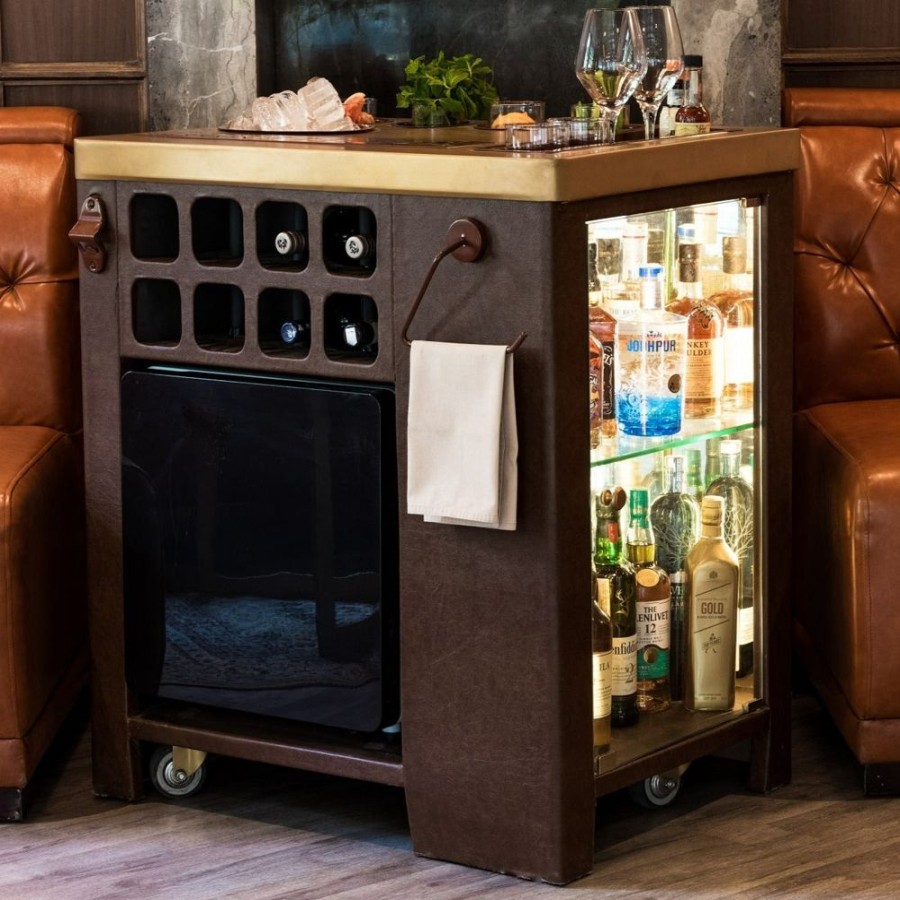 Bar Furniture Haus of Bars | Model X Home Bar, Dark Leather & Matt Gold Finish