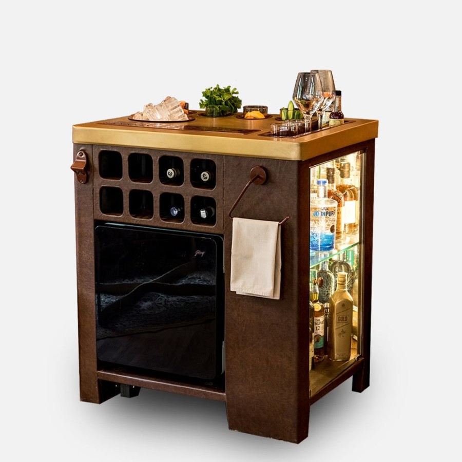 Bar Furniture Haus of Bars | Model X Home Bar, Dark Leather & Matt Gold Finish