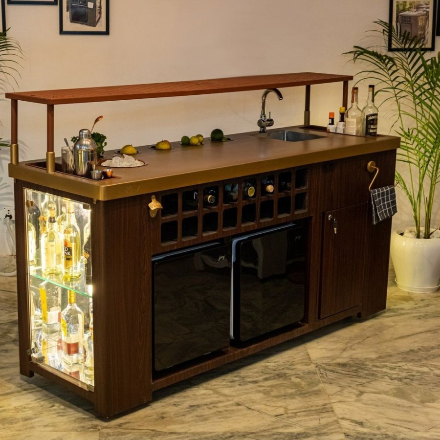 Bar Furniture Haus of Bars | Double Model X Home Bar, Wooded Vinyl And Matt Gold Finish